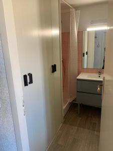a bathroom with a sink and a mirror at T2 bis terrasse PORT LEUCATE in Port Leucate