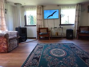 sala de estar con TV, sofá y alfombra en Vilcún, cabaña 100 mt2, a 38 k del Volcán Llaima, en Vilcún