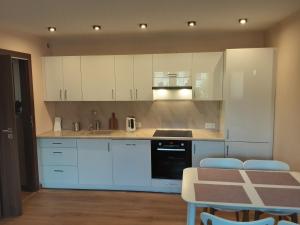 a kitchen with white cabinets and a table with chairs at Academy Apartment Cieszyn in Cieszyn