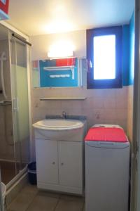 La petite salle de bains est pourvue d'un lavabo et d'une douche. dans l'établissement appartement 5 personnes résidence piscine 5PB274, au Barcarès