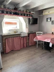 Lubenice-Rodinis Room and Apartment في لوبينيس: مطبخ مع طاولة ومغسلة وطاولة مع