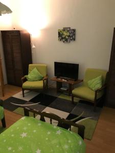 ein Wohnzimmer mit 2 Stühlen und einem TV in der Unterkunft Zen apartman in Szolnok