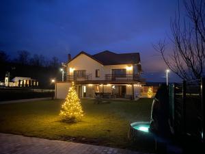 a christmas tree in front of a house at night at Pensiunea Casa Lupas in Gilău