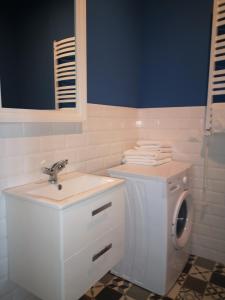 ein Badezimmer mit einem Waschbecken und einer Waschmaschine in der Unterkunft Solaris Apartments Self-Check-In in Oppeln
