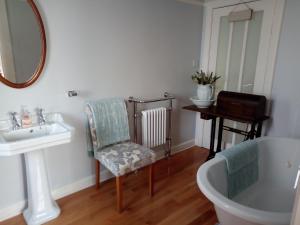 een badkamer met een wastafel, een bad en een spiegel bij The Oystercatcher in Rostrevor