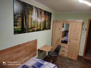 Schlafzimmer mit einem Bett, einem Schreibtisch und einem Schrank in der Unterkunft Großzügige Ferienwohnung am Waldesrand im Seenland in Laubusch