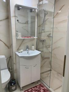 La salle de bains est pourvue d'un lavabo et d'une douche. dans l'établissement Leon Apartment, à Brăila
