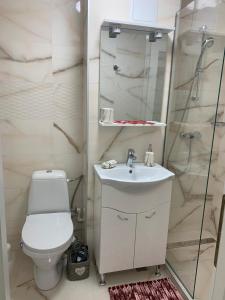 a bathroom with a toilet and a sink and a shower at Leon Apartment in Brăila