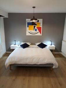 um quarto com uma cama grande e 2 mesas de cabeceira em Appartement tout confort 2 chbres - 72m2 - avec terrasse et vue Pyrénées em Pau