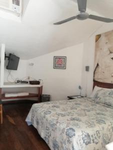 Un dormitorio con una cama y un ventilador de techo. en Margaritas101, en Cancún