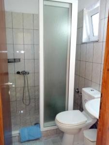 a bathroom with a shower with a toilet and a sink at Ferienhaus Elena in Agios Georgios
