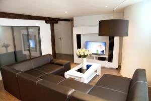 uma sala de estar com um sofá e uma televisão em Le Corbeau - Grand Appartement Strasbourg Centre, Calme em Estrasburgo