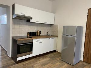 a kitchen with white cabinets and a stainless steel refrigerator at Černý Tulipán - Apartmán 2 in Pilsen
