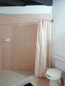 a bathroom with a shower curtain and a toilet at Margaritas101 in Cancún