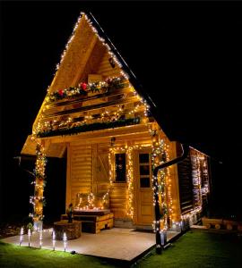 ein Haus mit Weihnachtslichtern an der Seite in der Unterkunft Dren Chalet Lux - Banjska stena in Perućac