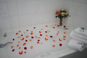 a bath tub with hearts on it with a vase of flowers at Hotel La Joya in Huaraz