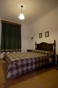 1 dormitorio con 1 cama y cortina verde en Casa Concepción en Grazalema