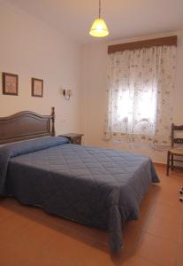 a bedroom with a blue bed and a window at Casa Concepción in Grazalema
