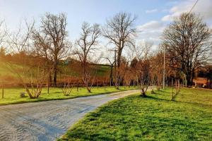 a road in a field with trees and grass at GITE AU COEUR DE LA CAMPAGNE in Saint-Sève