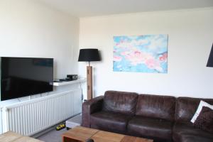 ein Wohnzimmer mit einem Ledersofa und einem Flachbild-TV in der Unterkunft Schorrebloem 1 in Nieuwvliet