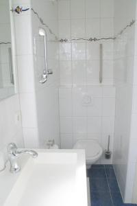 a white bathroom with a toilet and a sink at Schorrebloem 1 in Nieuwvliet