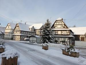 eine schneebedeckte Straße in einer Stadt mit Gebäuden in der Unterkunft Quartier vert in Hunspach