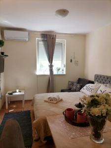 a living room with a bed and a window at Studio Dunja in Vrnjačka Banja