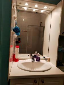 a bathroom with a sink and a mirror at La petite maison bleue in Lopérec