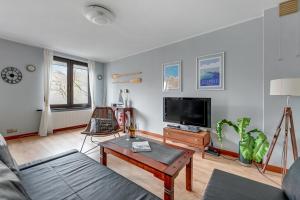ソポトにあるLion Apartments - Blue Dune with Sunny terraceのリビングルーム(ソファ、テレビ付)