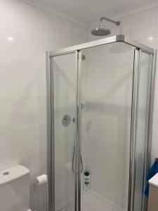 W łazience znajduje się prysznic ze szklanymi drzwiami. w obiekcie Casa do Chinelo Azul w mieście Queluz