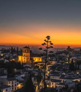 a view of a city at sunset with a tree at Hotel Reina Cristina in Granada