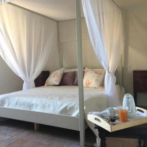una camera con letto a baldacchino con tende e vassoio con bevande di La Corte del Castello di San Michele a San Michele in Teverina