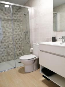 een badkamer met een toilet, een douche en een wastafel bij APARTAMENTOS MAITE in Peñíscola