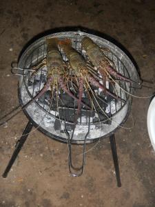 un groupe de homards cuisinant sur un grill dans l'établissement Kansala Ta Toto, à Kafountine