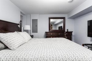 a bedroom with a bed with a mirror and a dresser at Forrestville Ave Large Suite in Chicago