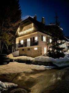 una casa con luces encima de ella por la noche en Martinov dom, en Kranjska Gora