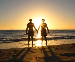 dos personas de pie en la playa viendo la puesta de sol en Casa Nudista - LGBT Hotel, en Zipolite