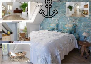 een collage van foto's van een slaapkamer met een bed bij El Puerto Bed and Breakfast in Hoorn