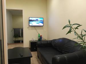 a living room with a leather couch and a flat screen tv at Hostel Teresianum in Aleksinac