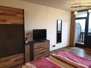 a bedroom with a flat screen tv on a dresser at Apartment Noemi in Bad Goisern