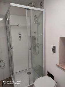 y baño con ducha de cristal y aseo. en La Casa di Miriam, en Petralia Sottana