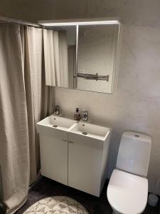 a bathroom with a sink and a toilet and a mirror at Rämsbyns Fritidsområde - Den perfekta platsen för avkoppling in Idkerberget