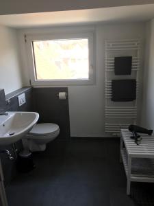 a bathroom with a toilet and a sink and a window at Apartment Frankfurt, top renoviert, 65qm DG in Bergisch Gladbach +4 photos