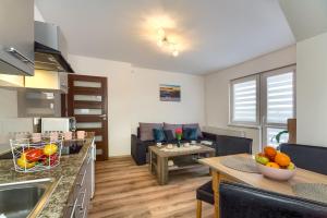 kuchnia i salon z kanapą i stołem w obiekcie Apartament na Sportowej w mieście Tylicz