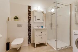 a bathroom with a shower and a toilet and a sink at Apartament Uroczy Zakątek in Gliwice +10 photos