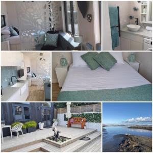 a collage of photos of a bedroom and a living room at Aroha Tiny House Peka Peka in Waikanae