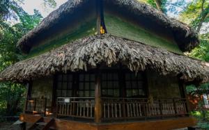 a hut with a thatched roof with a green roof at The Barefoot At Havelock in Havelock Island