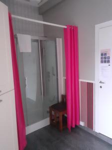 baño con ducha y cortinas rosas en Wenceslas cobergher appartement I, en Boutersem