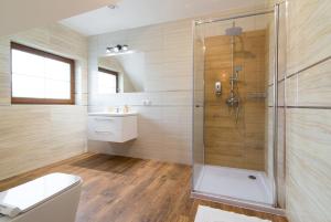 a bathroom with a shower and a toilet and a sink at Nadwiślańskie Gniazdo in Lucimia