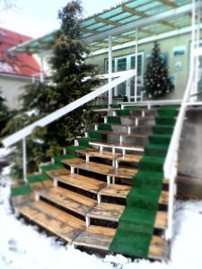 un escalier en face d'une maison avec des arbres de Noël dans l'établissement "Ранчо" - тераса квіти сад басейн, à Oujhorod